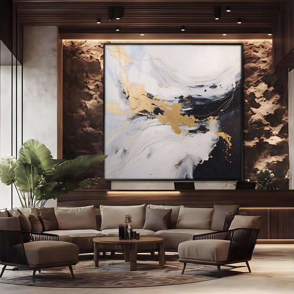 Tablou canvas cu tablou abstract cu insertii aurii, in rama de aluminiu negru, pe perete intr-un birou
